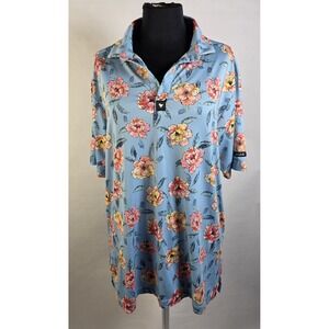 Bad Birdie Golf Polo Shirt Large, Men's Tropical Floral Performance Blue